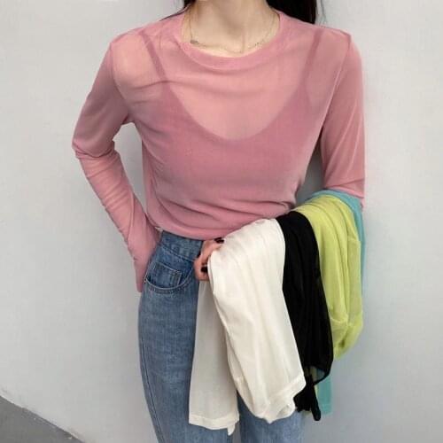 Thin long-sleeved sunscreen shirt womens summer 2021 new net yarn bottoming shirt female ice silk inner T-shirt