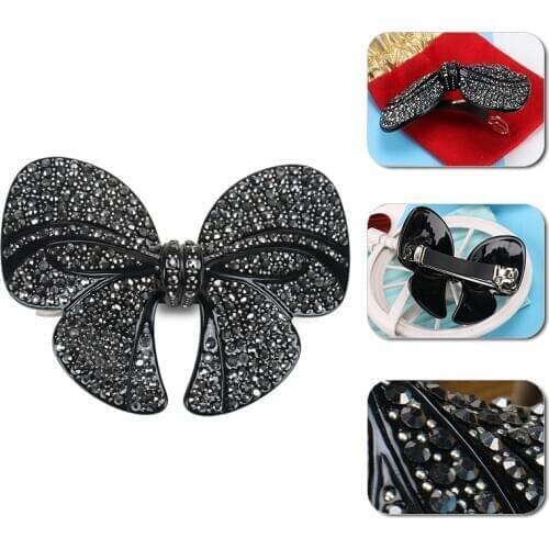 Gorgeous Black Crystal Bow Hair Clip Elegant French Design Hair Barrette Clips for Girls