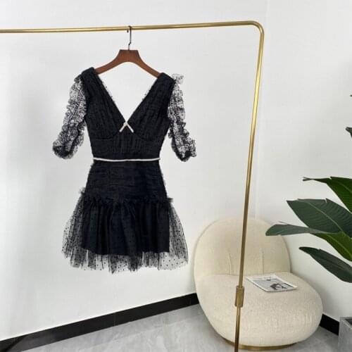 Spring Summer Hot Sale High Quality Polka Dots Flocking Ladies Elegant Black Mesh Mini Dresses