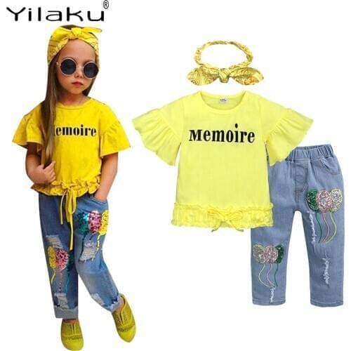 Yilaku Baby Girl Clothes Summer Girl Clothes Sets 3 Pcs T-shirt + Pants + Handband Trumpet Sleeve Children’s Clothing Sets YY055