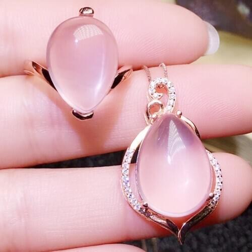Per jewelry Natural real big rose quartz drop style jewelry set 1pc 11ct ring 1pc 13ct pendant 925 sterling silver R203183