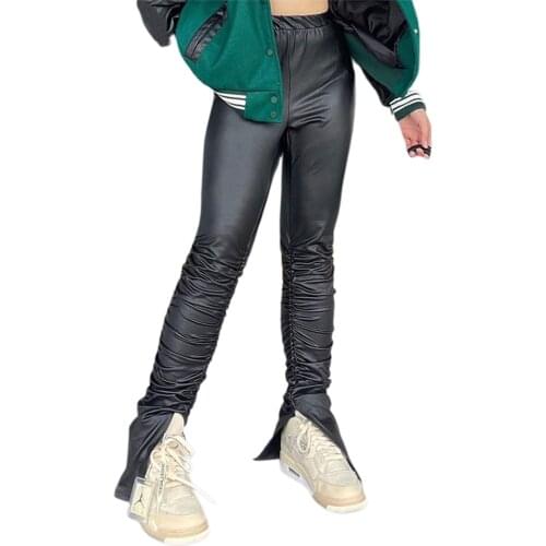 Women PU Pants with Split Bottom Fold Decoration Sexy High Waist Solid Color Trouser Spring Autumn Clothing