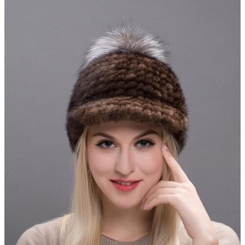 Genuine Leather Ladies Hat Winter Knit Womens Mink Fur Hat Fox Fur Ball Hot Brand New Hat Warm Soft Headscarf BZ17-01