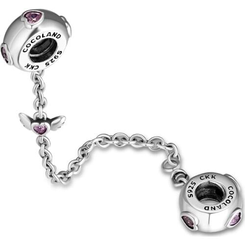 Fandola 925 Sterling Silver Angel Wings Hearts Safety Chain Stopper Fits Bracelet Charms for Women Jewelry Making,Pink Crystal