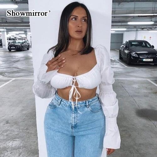 Showmirror Women White Sexy Crop Top Long Sleeve Bandage Tie Lace Up Tops Summer 2021 Women Fashion T Shitrs Club Y2K Tees
