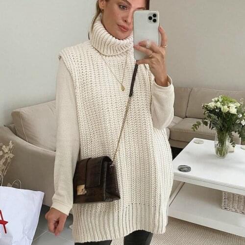 QINJOYER Women Casual Sleeveless Pullover Turtleneck Oversize Sweater Ladies Loose Knitted Sweater Vest Solid Color Top Women
