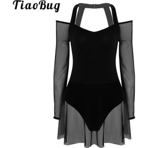 TiaoBug Women Off The Shoulder Long Sleeve Halter Ballet Tutu Dress Leotard Ballerina Party Bodysuit Female Lyrical Dance Wear