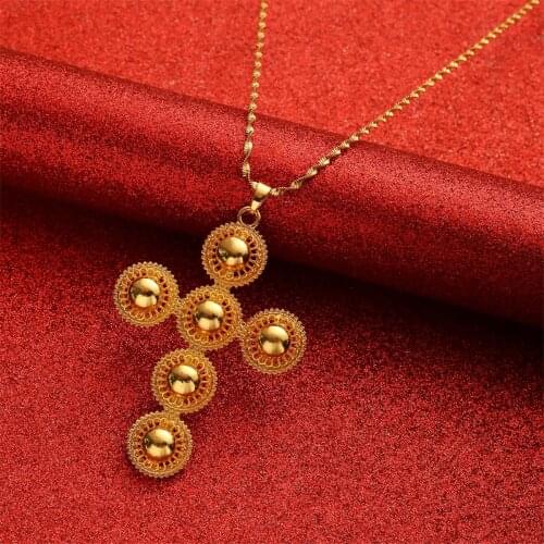 Gold Color Ethiopian Eritrean Cross Pendant Necklace For Women Men Girls Party Daily Jewelry