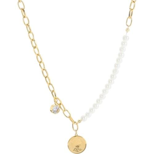316L Stainless Steel Gold Asymmetrical Pearl Crystal Queens Head Double-sided Pendant Thick Chain Necklace