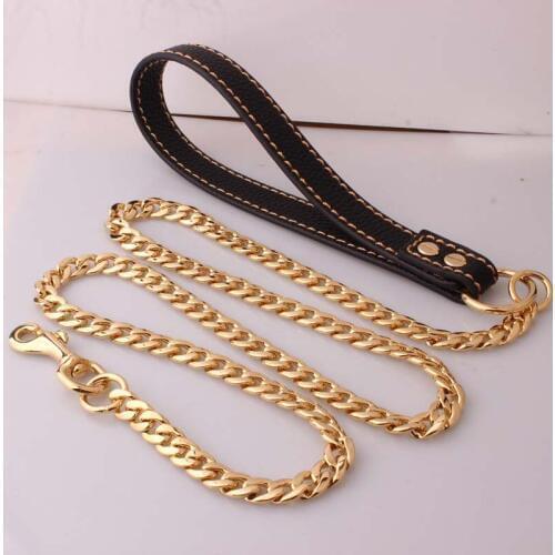 316L Stainless Steel Pet Dog Chain Leash Heavy Duty Big Dog Daily Training Link Leash Leather Handle Pet Traction Rope 125/130cm