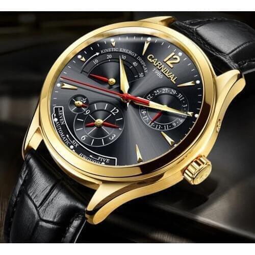 CARNIVAL Second time zone kinetic energy display Watch Men Sapphire Automatic Mechanical Watches Man Watch Leather Waterproof