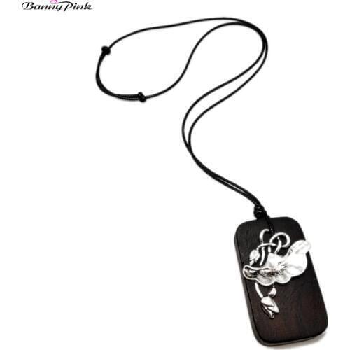 Banny Pink Yoga Lotus Flower Pendant Necklace For Women Ethnic Geo Retangle Wooden Necklace Adjustable BlacK Rope Sweater Chain