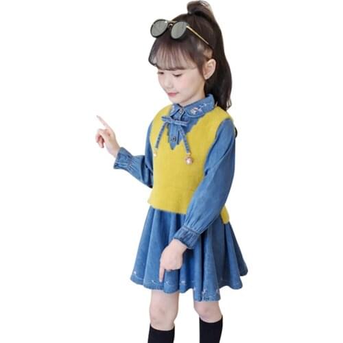 Kids Clothes Girls Vest + Denim Dress Clothing For Girls Pearls Children Clothes Girl Spring Autumn Tracksuits For Children
