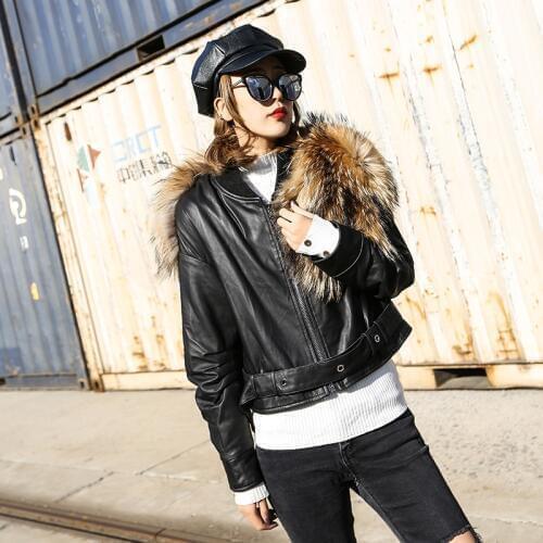 Leather Jacket Women Korean Sheepskin Genuine Leather Jacket Raccoon Fur Collar Autumn Winter Coat Women Veste Femme YY845