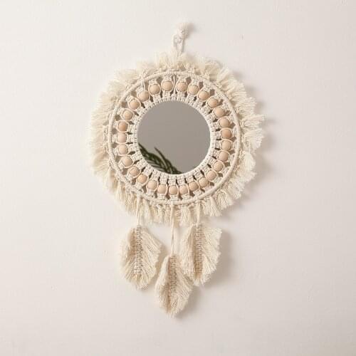 Macrame Boho Wall Mirror Tapestry Nordic Handmade Bathroom Make Up Accessories Hanging Decoration Home Aesthetic Room Decor