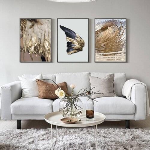 Nordic Decor Feathers Canvas Painting White Poster and Print Unique Modern Golden Wings Wall Art for Living Room Bedroom Aisle
