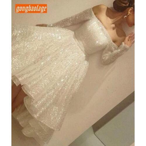 Charming Ivory Short Wedding Dresses Long Sleeve 2020 Sexy Wedding Gowns Boat Neck Sequined Zipper Knee Length Party Bride Dress
