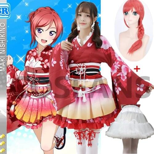 Anime Love Live floral Kimono Cosplay Costumes women Maki Nishikino red costume Dress + wig Lovelive Kimono Uniform for girls