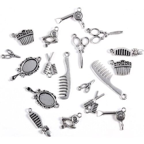 20PCS Creative Retro Alloy Pendant Ancient Silver Mirror Comb Scissors Look Charms For Necklace Bracelet DIY Jewelry Accessories