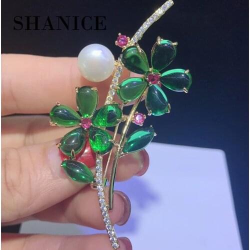 SHANICE Fashion CZ Zircon Green Flower Brooch Pins Crystal Simulated Pearl Bridal Wedding Brooches For Women Jewelry