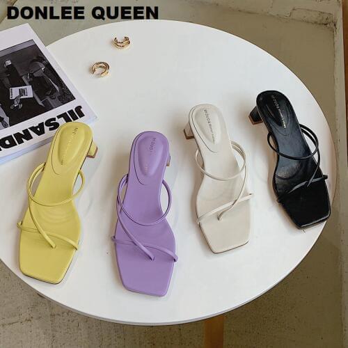 Fashion Low Heel Slippers Women 2020 Brand Sandals Slip On Slides Candy Color Summer Shoes Beach Flip Flops Narrow Band Slippers