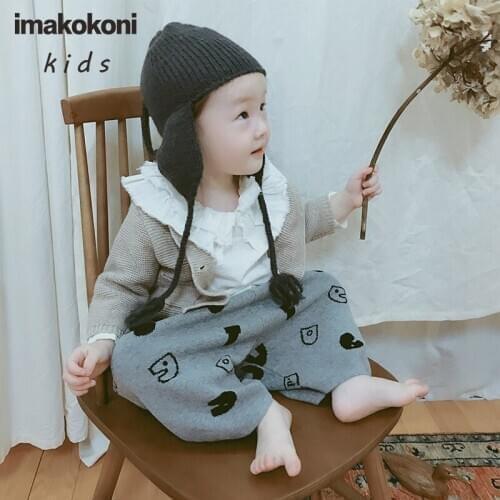 Imakokoni Japanese original childrens clothing gray letter wool pants loose boys and girls sports casual pants 0148