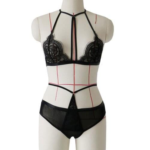 Stylish Bar Women Plus Size Underwear Halter Lace Bra Thong Lingerie Set Hollow V-neck Wireless Bra Bikini Lingerie Set Lenceria