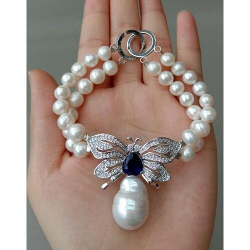 YYGEM White Cultured freshwater Pearl keshi pearl Czmicro pave butterfly Connector Bracelet 8" wedding for women