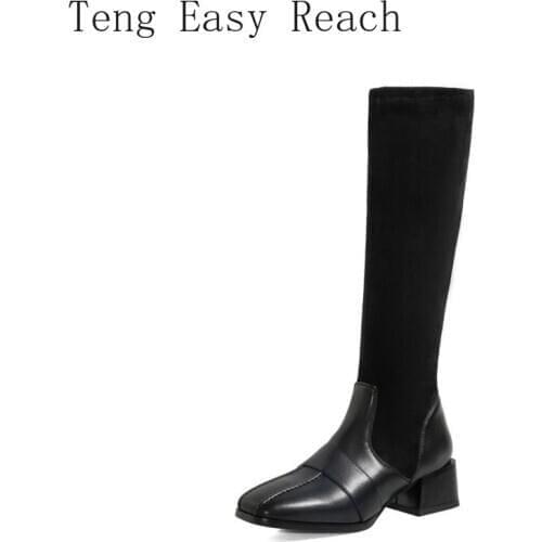 2021 New Solid Black Woman Shoes Chunky Middle Heels Stretch Knee High Riding Motorcycle Womens Boots Plus Size 33-48