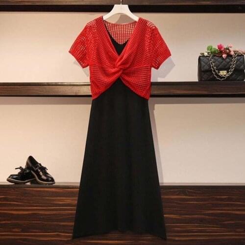 2 Piece Set Women Dress 2021 Summer Ice Silk Knitted Shirt Hollow Blouse Two-piece Sets Womens Outfits Plus Size Lady Suits Y527