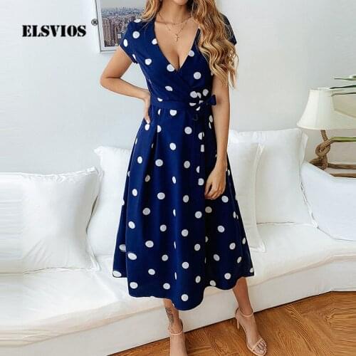 Casual Printed Polka-Dot Womens High Waist Summer Dress Sexy V-Neck Short-Sleeve Tether Sashes Bohemian Midi Elegant Streetwear