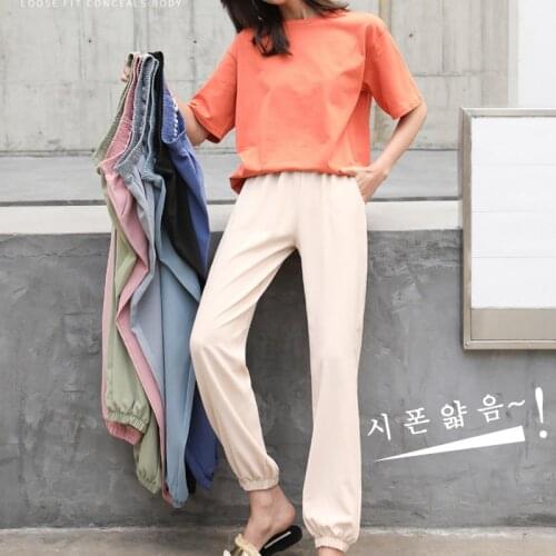 2021 Womens Summer Ice Silk Pants Casual Bottoms Womens Baggy Harem Pants Women High Waist Ankle-Length Trousers Female Slacks