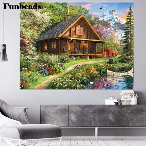 5D DIY Diamond Painting mountain cabin lake landscape 3D Diamond Embroidery Cross Stitch Full Square/Round Drill Decor FF5562