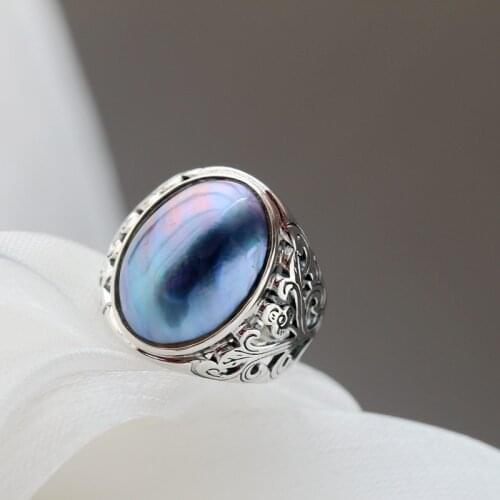 Authentic 925 Sterling Silver Rings Women Retro Style Charm Natural Mabe Pearl Opening Rings Wedding Party Fine Jewelry Gift