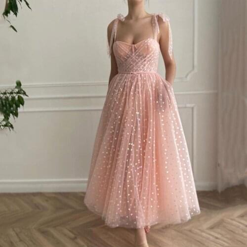 Elegant Sweetheart Spaghetti Straps Sash Pink Hearty Evening Dress Tea-Length Prom Dress Occasion Dresses 2021