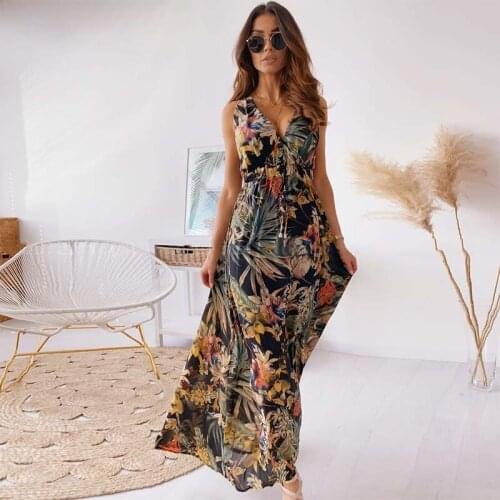 Elegant V Neck Women Dress Floral Print Backless High Waist Sleeveless Ankle Length Plus Size Casual Streetwear Ladies Dresses