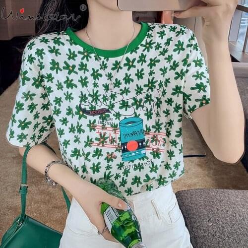 Summer Ditsy T-shirt Women Print Cotton O-neck Short Sleeve Cute Preppy Style Casual Tops Tees T17508A