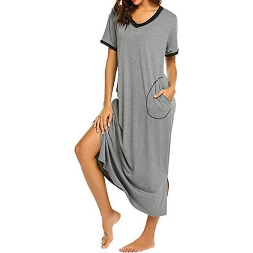 Fashion Women Soild Colors V-Neck Pocket Sleepshirts Summer Casual Short Sleeve Loose T Shirt Long Dress Nightgowns Nightwear#g3