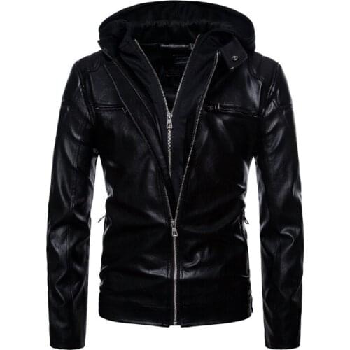 Europe/US size S-XXL Motorcycle Leather Jacket Men Newest Hooded Punk Leather Jacket Zippers Design PU Biker Jacket Male Coats