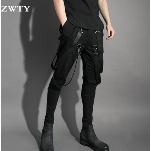 ZWTY Men multi pockets hip hop punk harem pants ribbons street wear mens casual joggers elastic waist trousers pantalon homme