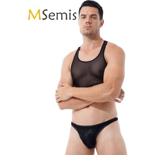 Mens Swimwear Two-piece See-through Mesh Sexy Lingerie Set Sleeveless Cropped Tank Top with Low Waist Thongs Briefs