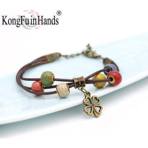 New Design Fashion bohemia 8mm ceramic Beads Clover Pendant Bracelet for women Bangle Wholesale Jewelry charm bracelet