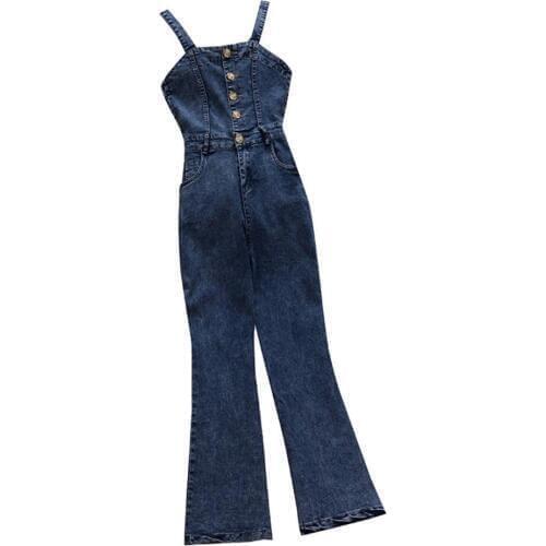 New fashion denim playsuits straps slash neck high waist women flare jeans overalls