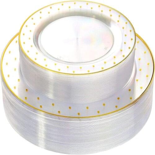 Disposable Clear Rose Gold Dot Plates Crystal Plastic Party Plates Includes 20pcs 10.25Inch 20pcs 7.5Inch Salad Combo