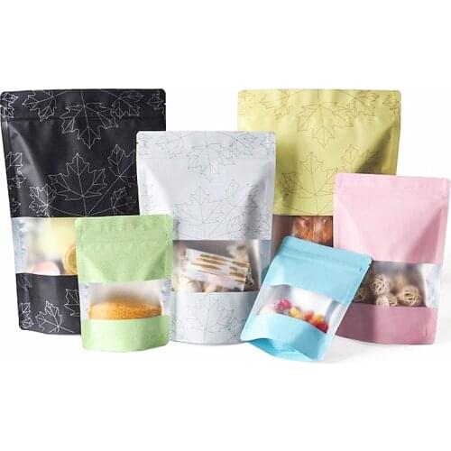 50pcs/Lot Aluminum Foil Zip Lock Window Bags Maple Leaves Resealable Snack Coffee Nuts Tea Spice Logo Printing Pouches