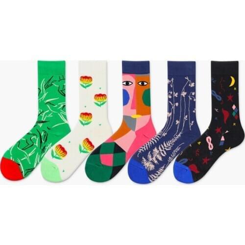 Peonfly Cotton Combed Mens Harajuku Colorful Happy Funny Big Flower Long Warm Dress Socks Male Wedding Christmas Gift