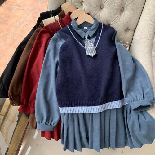 Preppy Style Two Piece Sweater Dress Korean Long Sleeve Shirt Dress and Knitted Vest Streetwear Plus Size Loose Dress Vestidos