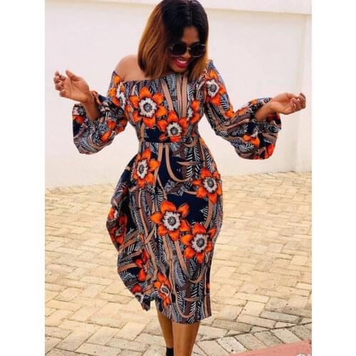 African Women Fashion Print Bodycon Dress Sexy One Shoulder Long Sleeve Ruffle Knee Dress Prom Party Birthday Clothes Plus Size