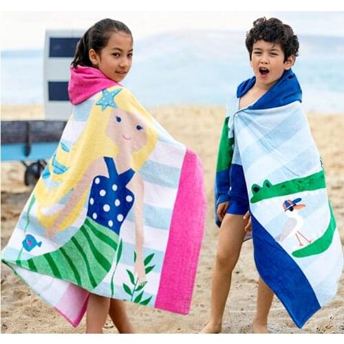 Pure Cotton Towel Poncho for Children Gym Sports Hooded Mermaid Bathrobe Kids Surf Pool Changing Robe Swimming Towels 127*76cm