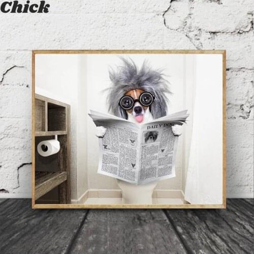 Dog Reading Newspaper Toilet Wall Art Canvas Poster Prints Funny Dog Painting Wall Picture Home Bathroom Decor Dogs Lover Gift